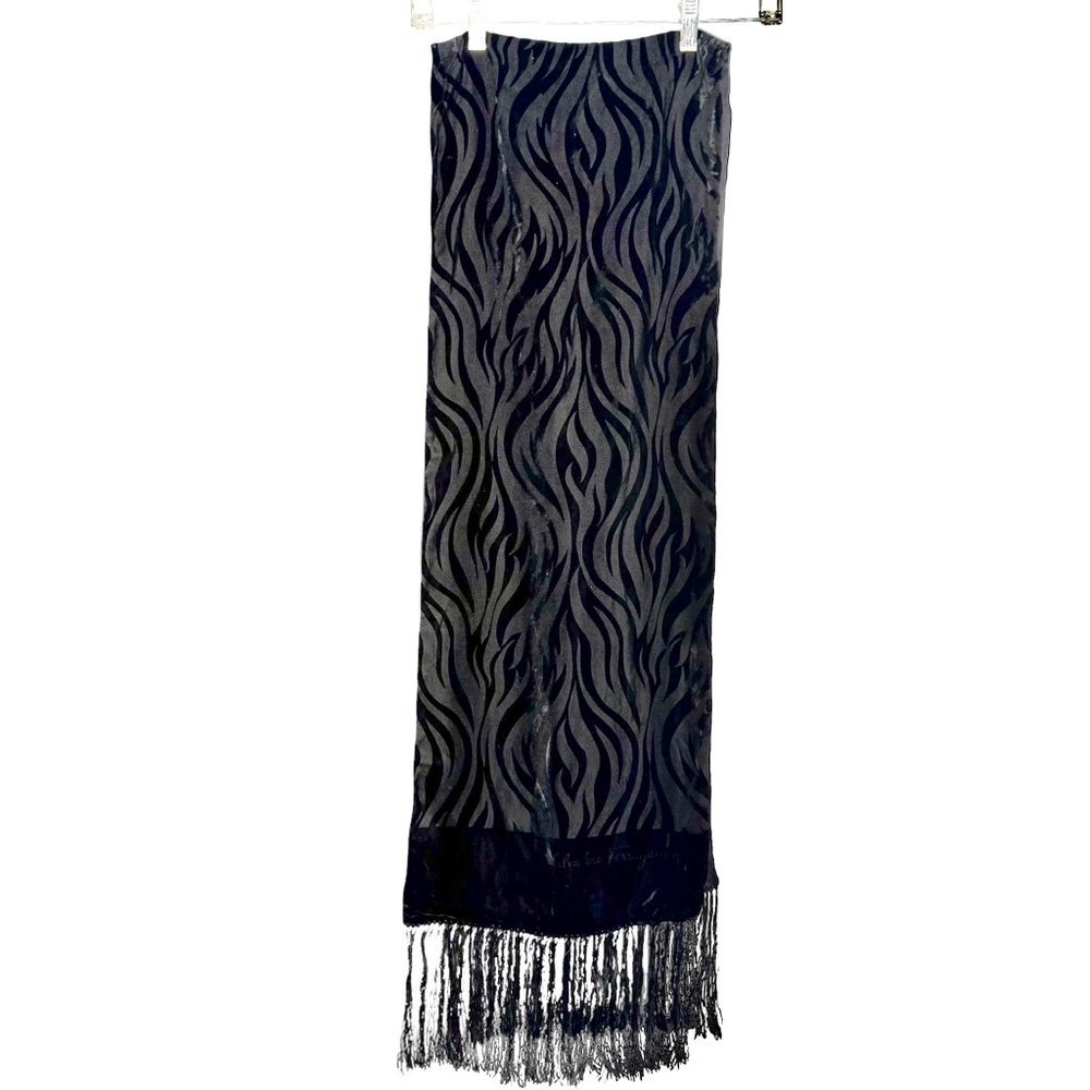 Salvatore Ferragamo Zebra Pattern Black Velvet Neck Scarf Fringe Ends Made Italy